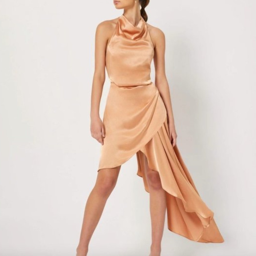 Elliatt Gold Halter Tiered Asymmetric Midi Cocktail Dress Satin Size Small New